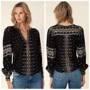 Hale Bob $312 Evelyn Embroidered Peasant Top Women's Medium Black/Gold Bohemian